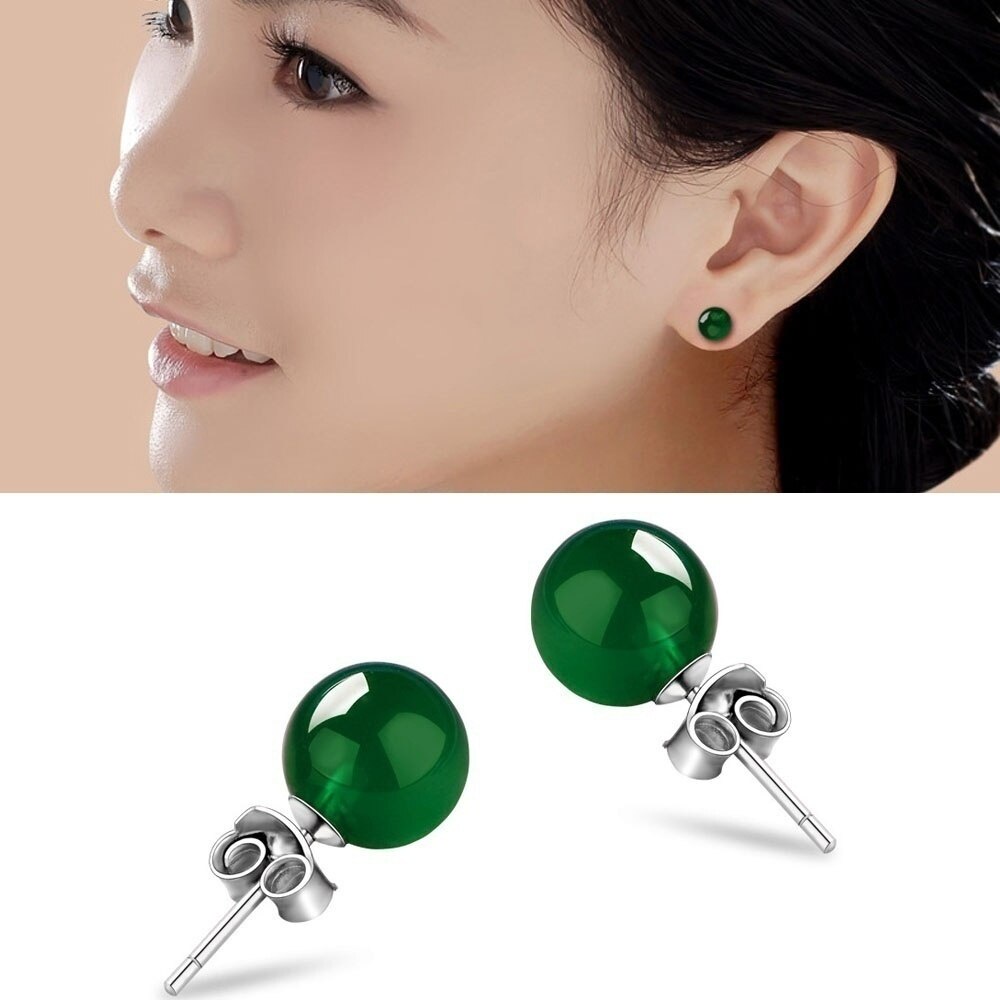 Bông tai ngọc bích màu xanh lá 8mm thời trang cho nữ