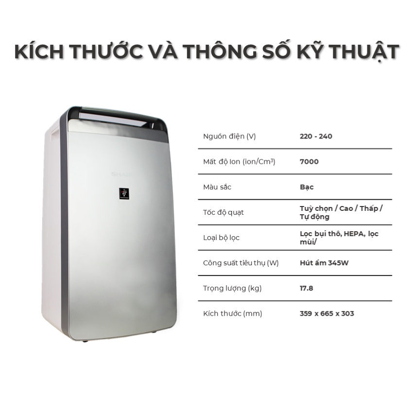 Máy lọc không khí tạo ion hút ẩm Sharp DW-J27FV-S loại bỏ bụi mịn vi khuẩn ẩm mốc khử mùi hôi Công nghệ J-Tech Inverter