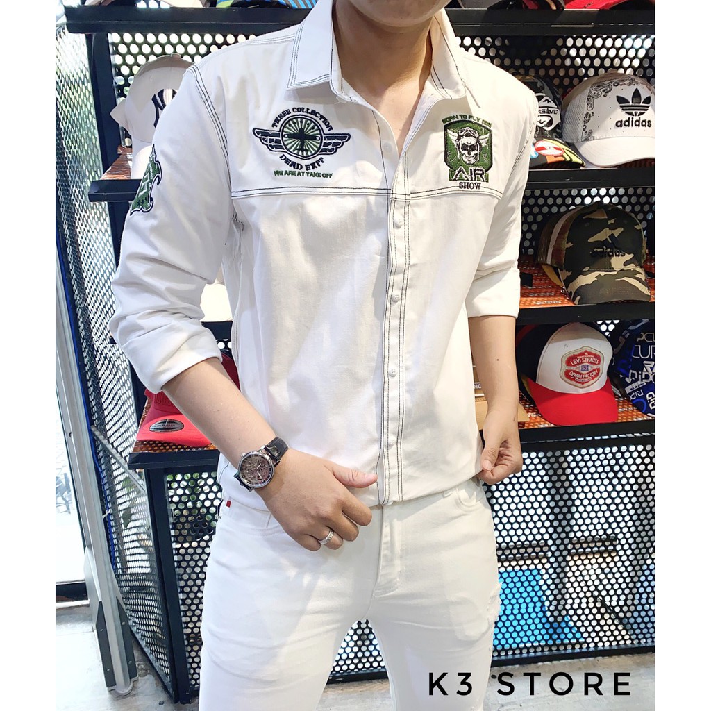 Áo sơ mi trắng nam thêu đơn giản K3 STORE logo không quân hàng chất chính hãng
