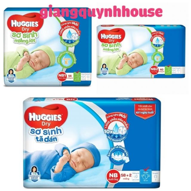 Combo sơ sinh Huggies Nb1 56 miếng,  NB2 40 miếng và tã dán sơ sinh NB 58+2