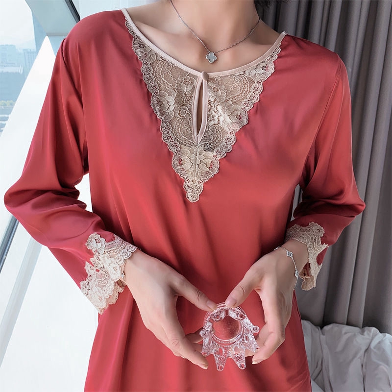 Bộ Đồ Ngủ Pijama Dài Tay Vải Lụa Phối Ren Quyến Rũ Dành Cho Nữ