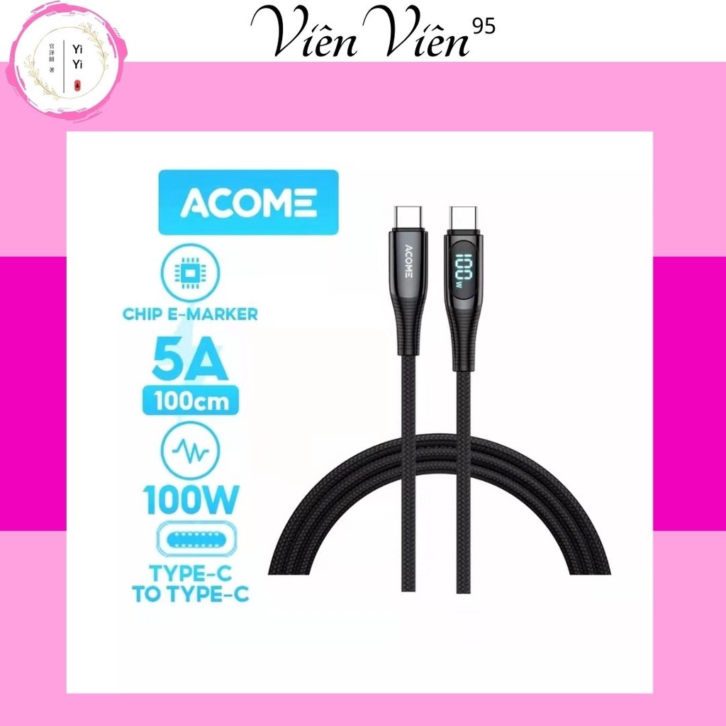 Dây cáp sạc nhanh ACOME APD100 Black Type C to Type C hiển thị công suất sạc Dây cáp dù