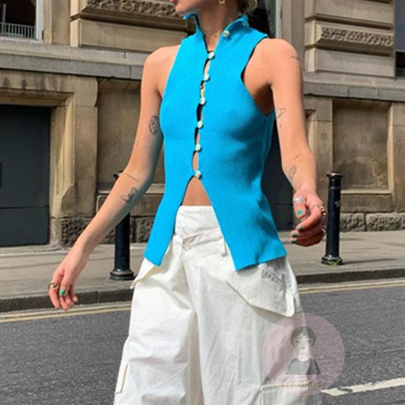 Dre-áo Dệt Kim Cổ Cao Khoét Lỗ Màu Trơn/Xanh Dương/Nâu Cho Nữ