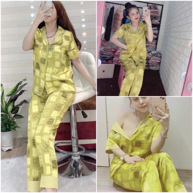Bộ lụa satin ô vàng cộc dài