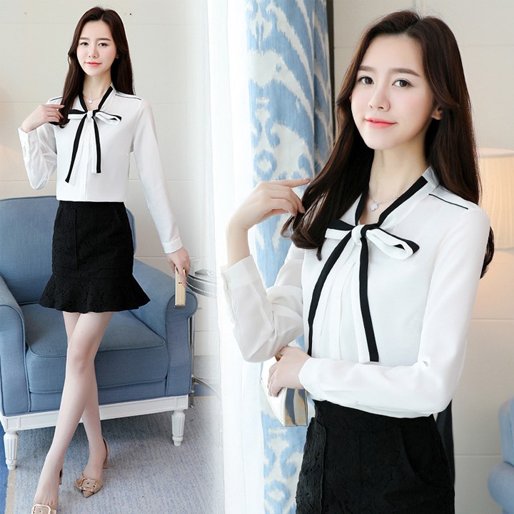 Áo sơ mi nữ công sở thắt nơ kiểu Hàn Quốc (kèm hình thật shop chụp)