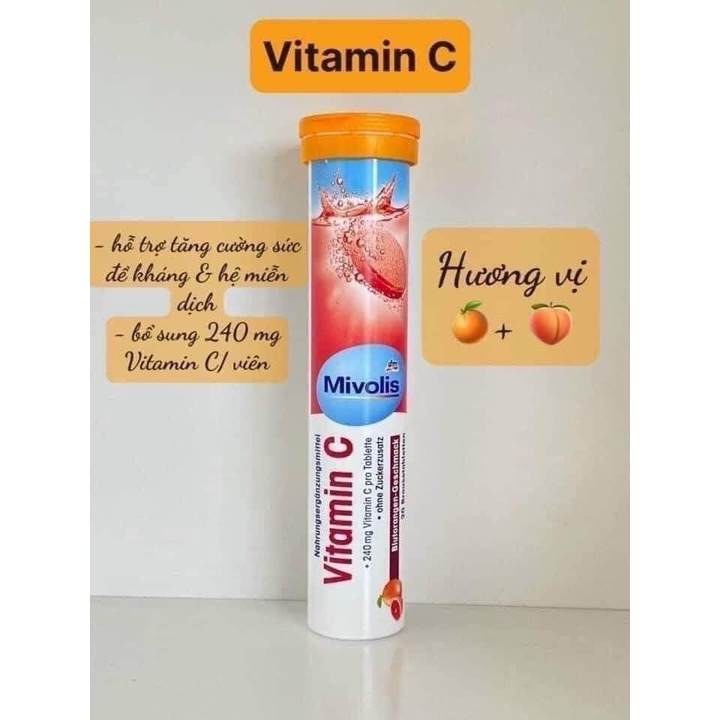 Viên C Sủi Mivolis Đức Vitamin C, B12, magie, canxi Hỗ trợ tăng cường hệ miễn dịch (1h=20 viên)
