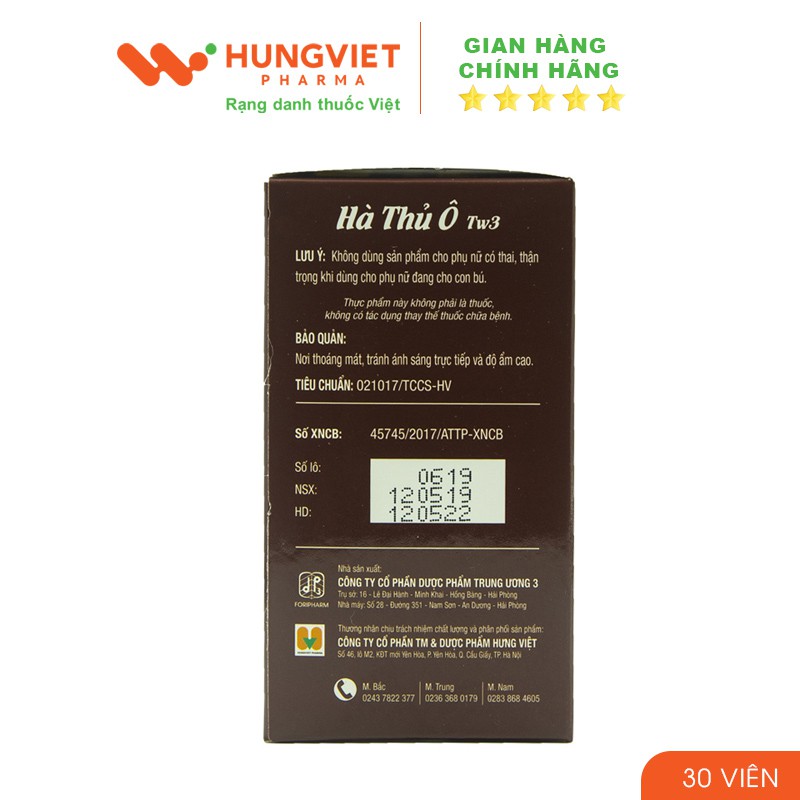 HÀ THỦ Ô TW3 (30 viên) - Chống Rụng Tóc, Hỗ Trợ Mọc Tóc