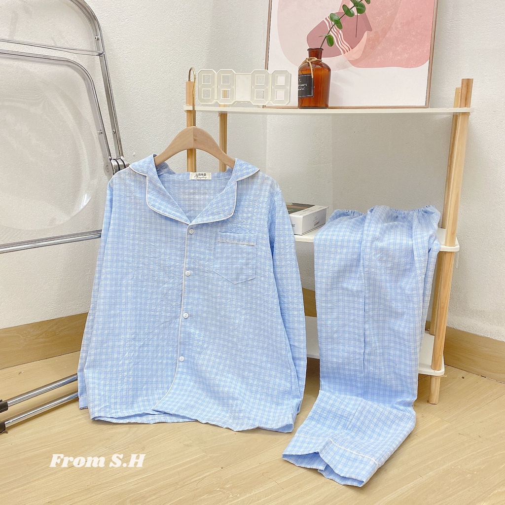 BỘ ĐỒ MẶC NHÀ DÀI TAY THÔ ĐŨI HỌA TIẾT KẺ CARO HOT THU ĐÔNG 2022