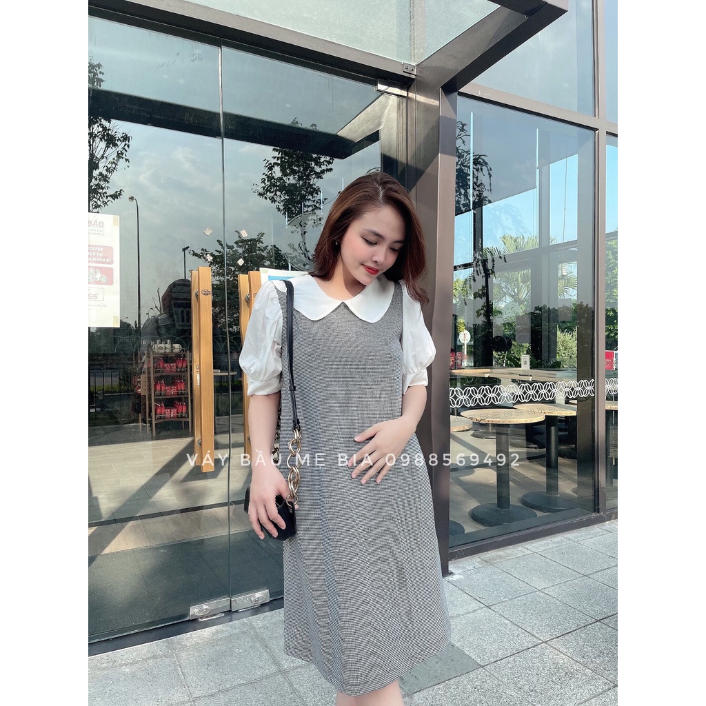 Đầm Bầu Công Sở -Váy Bầu GUME karo đen trắng chất thô cotton họa tiết cổ sen tay bồng size 40-100kg MB 264 - ảnh thật