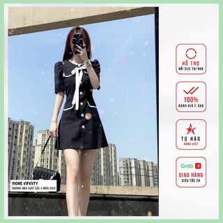 Váy liền chữ A ngắn cổ tròn, đầm nữ đen phối nơ thân trước - Design by MFF - V03