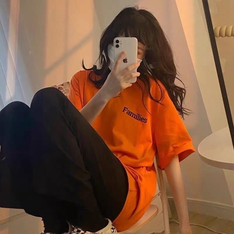 Áo Thun Tay Lỡ In Chữ Families Màu Cam Áo Phông Rộng Unisex Ulzzang Nam Nữ 38-65kg Xưởng Áo Thun Croptop