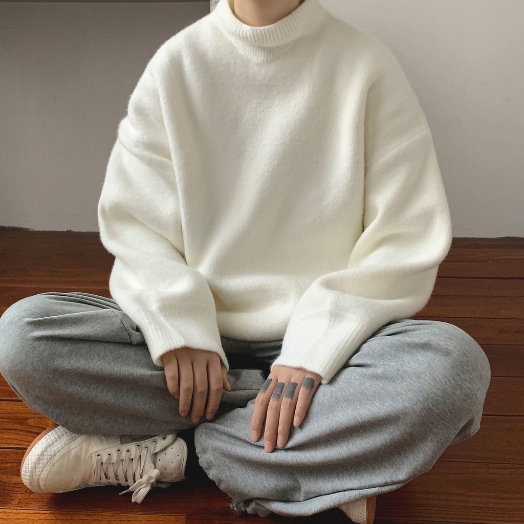 Áo sweater dệt kim cổ cao dáng rộng thời trang thu đông dành cho nam