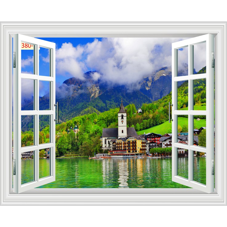 Tranh dán tường cửa sổ 3D Kích thước 150 x 90 hình ruộng bậc thang