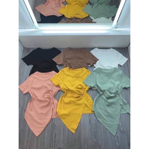 Áo thun body tay ngắn tà nhọn nhún eo
