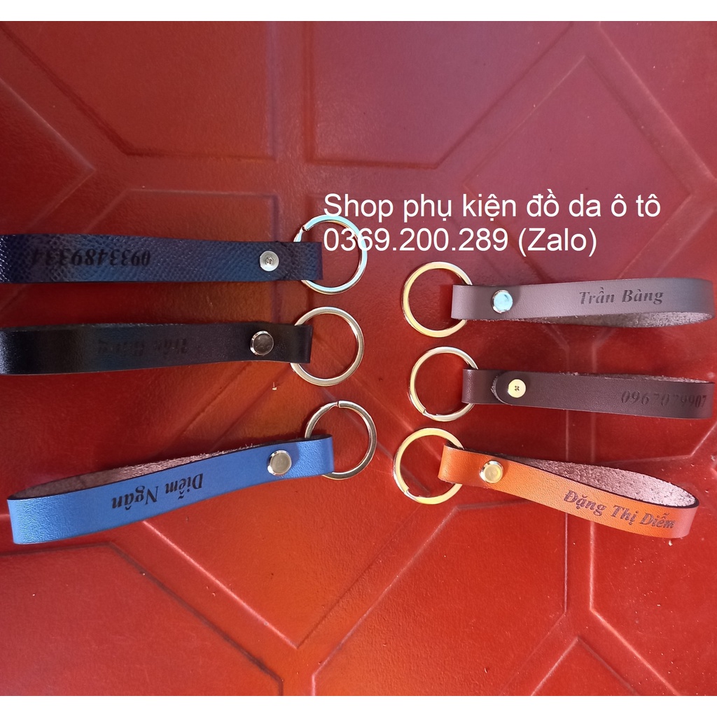 Dây móc treo chìa khóa khắc tên kèm theo móc khóa chất liệu da bò nhiều mầu sắc