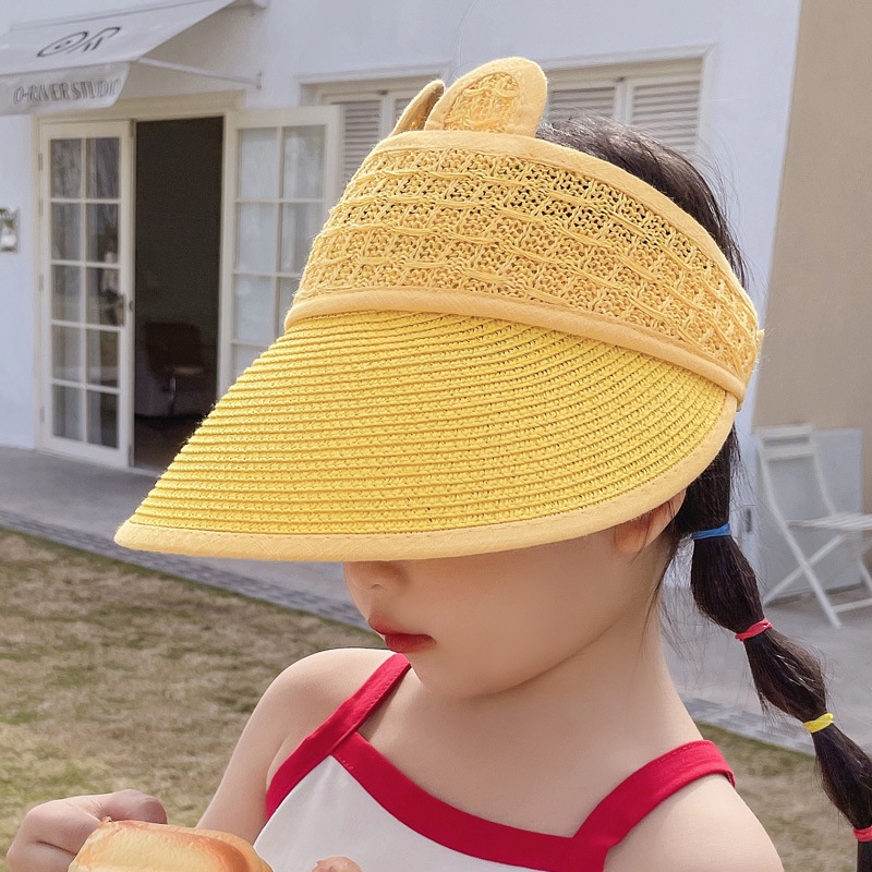 Mũ Cói Che Nắng Hở Chóp Thiết Kế Tai Thỏ Hoạt Hình Dễ Thương Dành Cho Bé 3-10 Tuổi