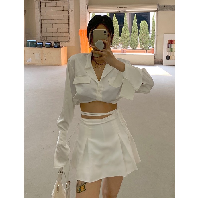 Set chân váy cột dây &amp; áo sơ mi croptop tay dài HS128 Hỉn Hỉn Store