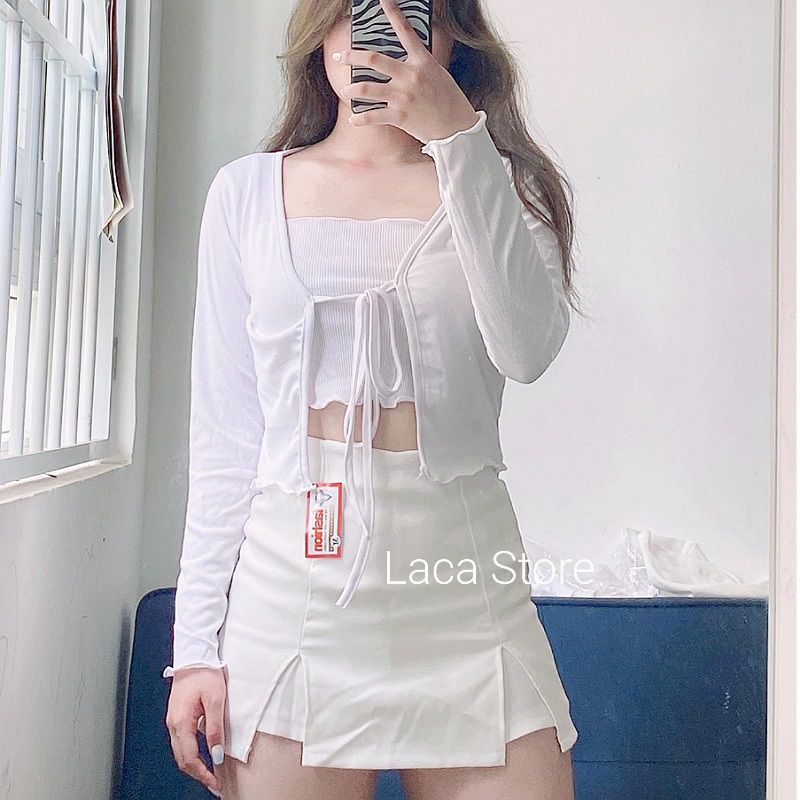 Áo Croptop tay Dài cột nơ Ulzzang Laca store B12-1 gân cotton, áo khoác crt cardigan tiểu thơ Hàn Quốc
