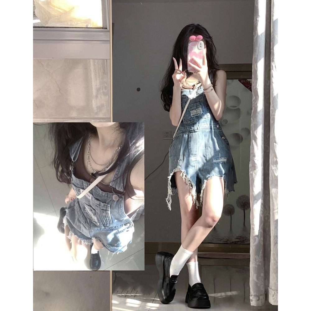 Quần Yếm Denim Ngắn Rách Phong Cách Mới Cho Nữ