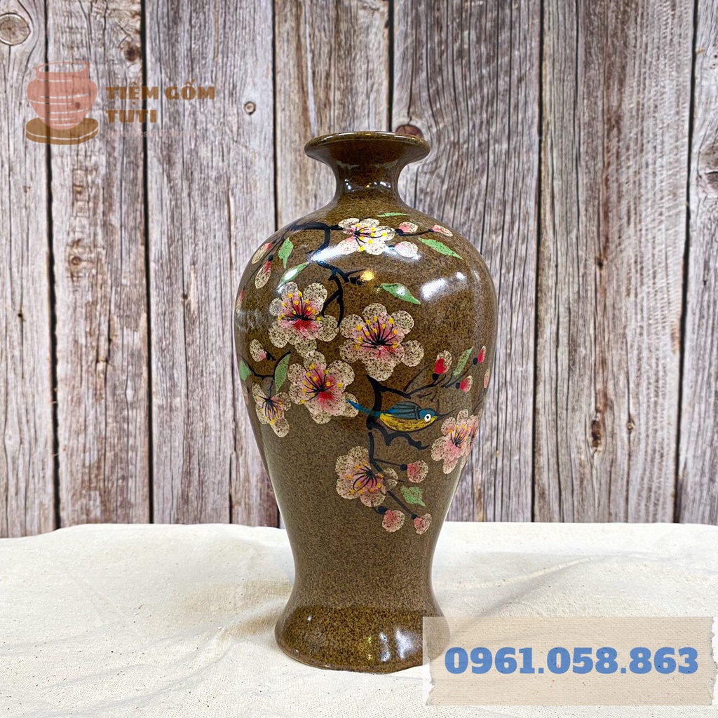 Lọ Hoa Decor, Bộ Bình Hút Lộc BÁT TRÀNG - GỐM SỨ TUTI - Men Bóng Nâu Đốm , Họa Tiết Vẽ Tay Cao 23,19,15 Cm