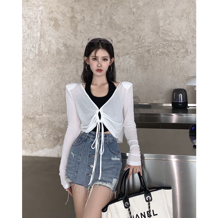 Áo Croptop Dệt Kim Dây Rút Tay Dài Chống Nắng Ôm Dáng Vừa Vặn Cho Nữ