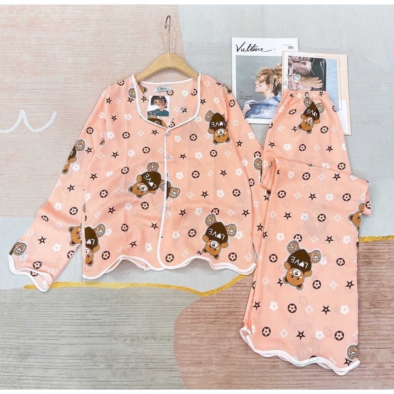 Đồ bộ nữ lụa ngủ pijama dài tay quần dài mặc nhà dễ thương JUSOKA DD47