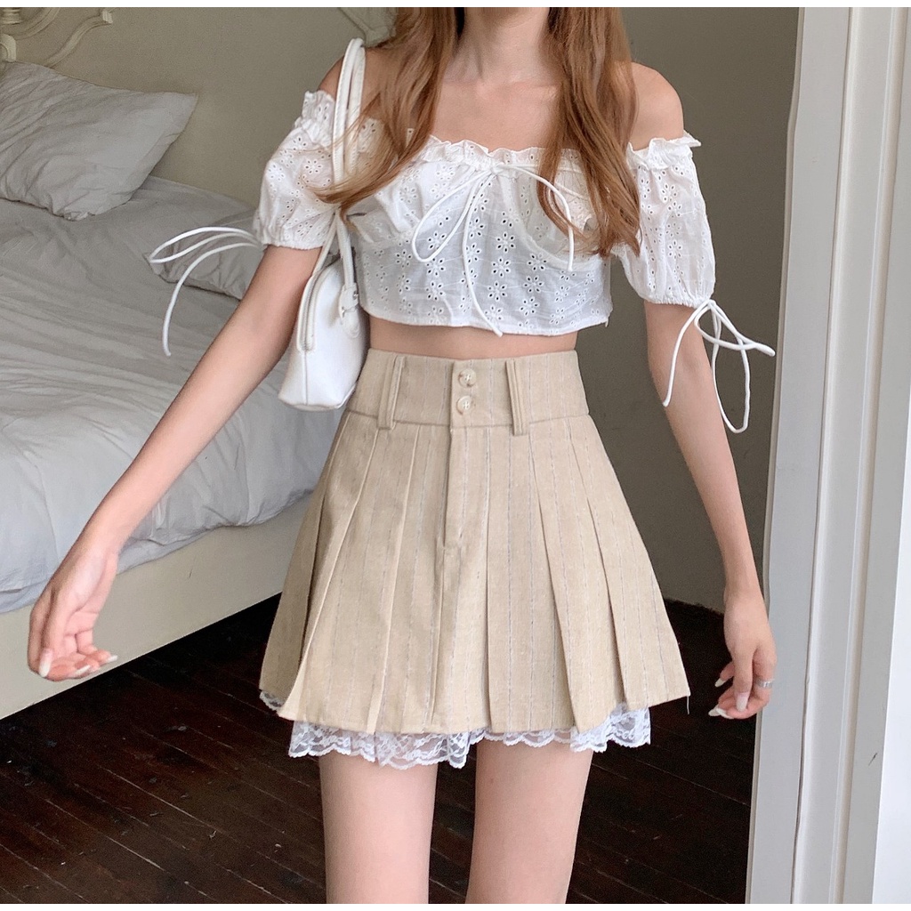 Chân váy tennis, chân váy xếp ly dáng ngắn, chân váy chữ A viền ren Chillstyle V02 | BigBuy360 - bigbuy360.vn
