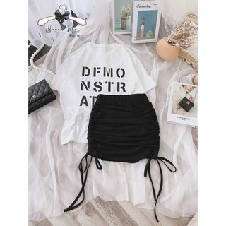 Set pull Áo Trắng Chân Váy Đen Co Giãn .