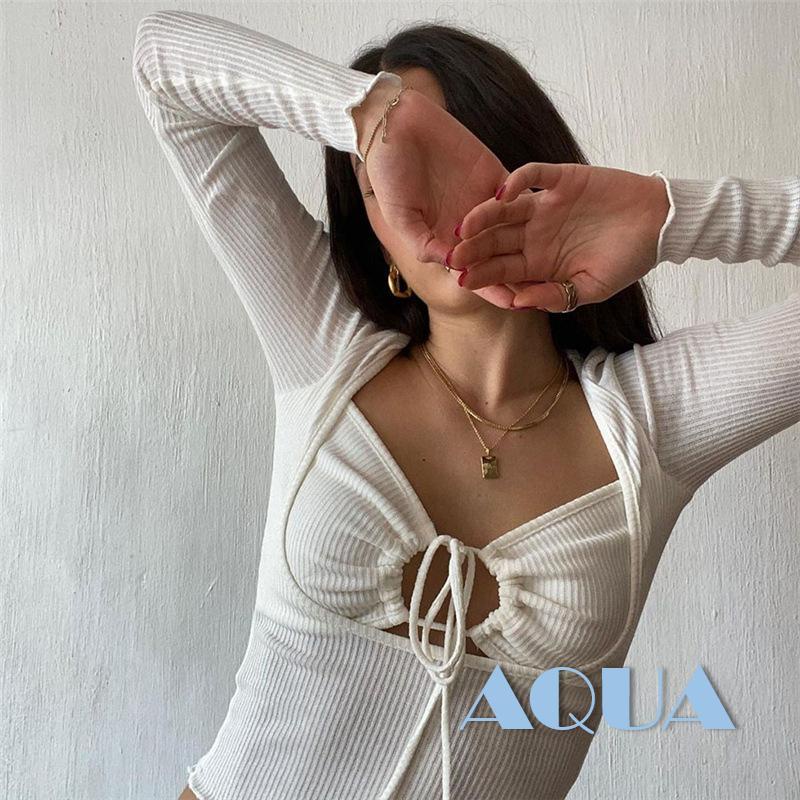 Áo Croptop Tay Dài Cổ Yếm Dáng Ôm Khoét Rỗng Màu Trơn Hợp Thời Trang Cho Bạn Gái