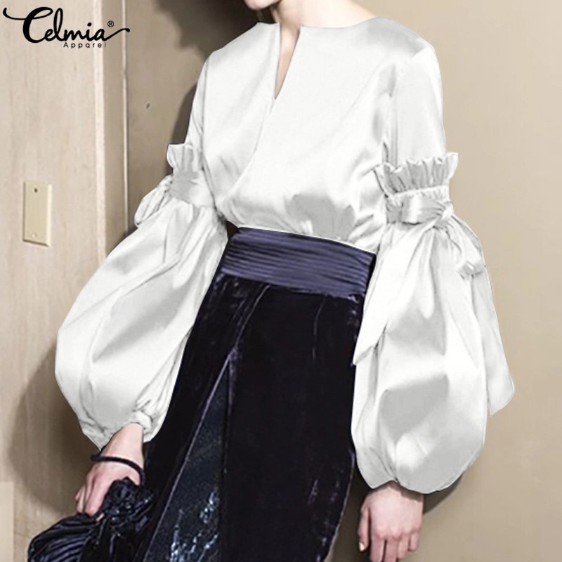 Áo kiểu CELMIA tay dài cổ chữ V màu trơn thanh lịch tao nhã