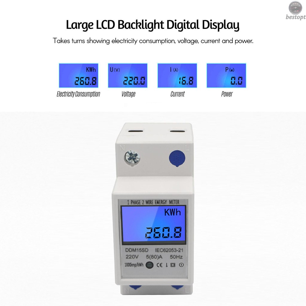 B&O Single Phase DIN-Rail Energy Meter 5-80A 220V 50Hz Electronic KWh Meter with LCD Backlight Digital Display DDM15SD