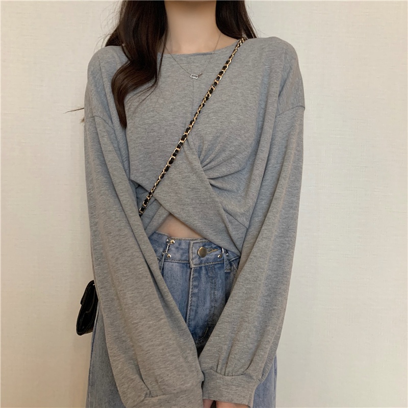 ZHELIHANGFEI Áo Sweater tay dài chéo lưng cao rốn gợi cảm