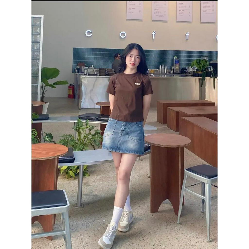 Chân váy jeans chữ A ngắn lưng cao  hai túi trước phong cách TA-7069