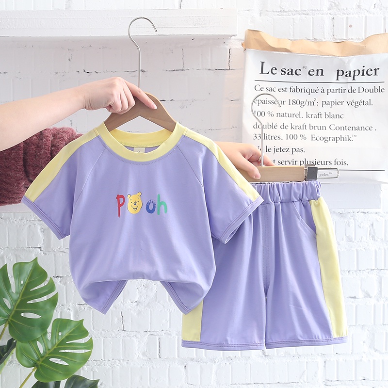 Bộ Đồ Thể Thao Ngắn Tay Chất Liệu Cotton Họa Tiết Gấu Pooh Hoạt Hình Size 80-120cm