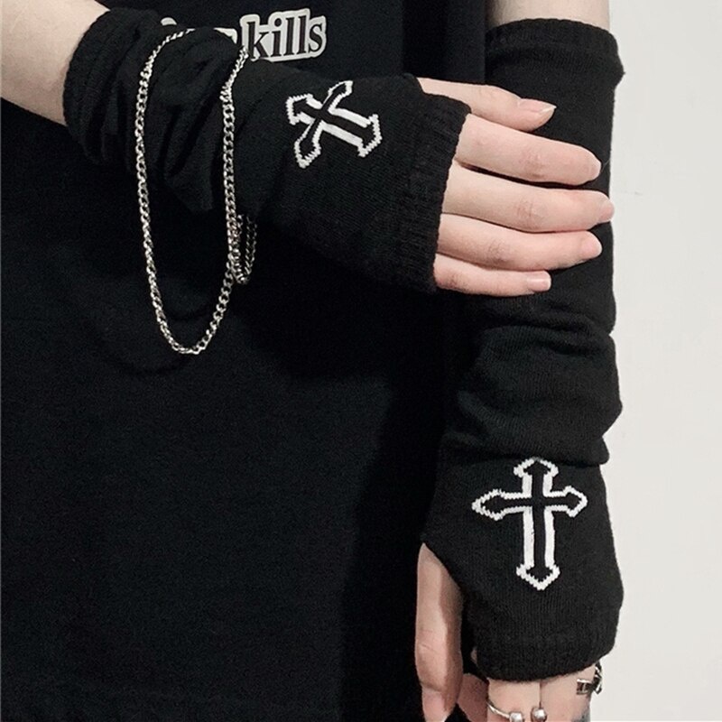 Punk EMO Style Streetwear Women Wrist Arm Warmer Knitted Long Fingerless Gloves Black Mitten Halloween Cross Gloves Dark Moon