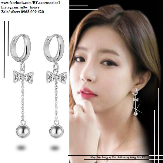 Bông tai inox nữ nơ đính đá phối bi tròn tòn ten không gỉ