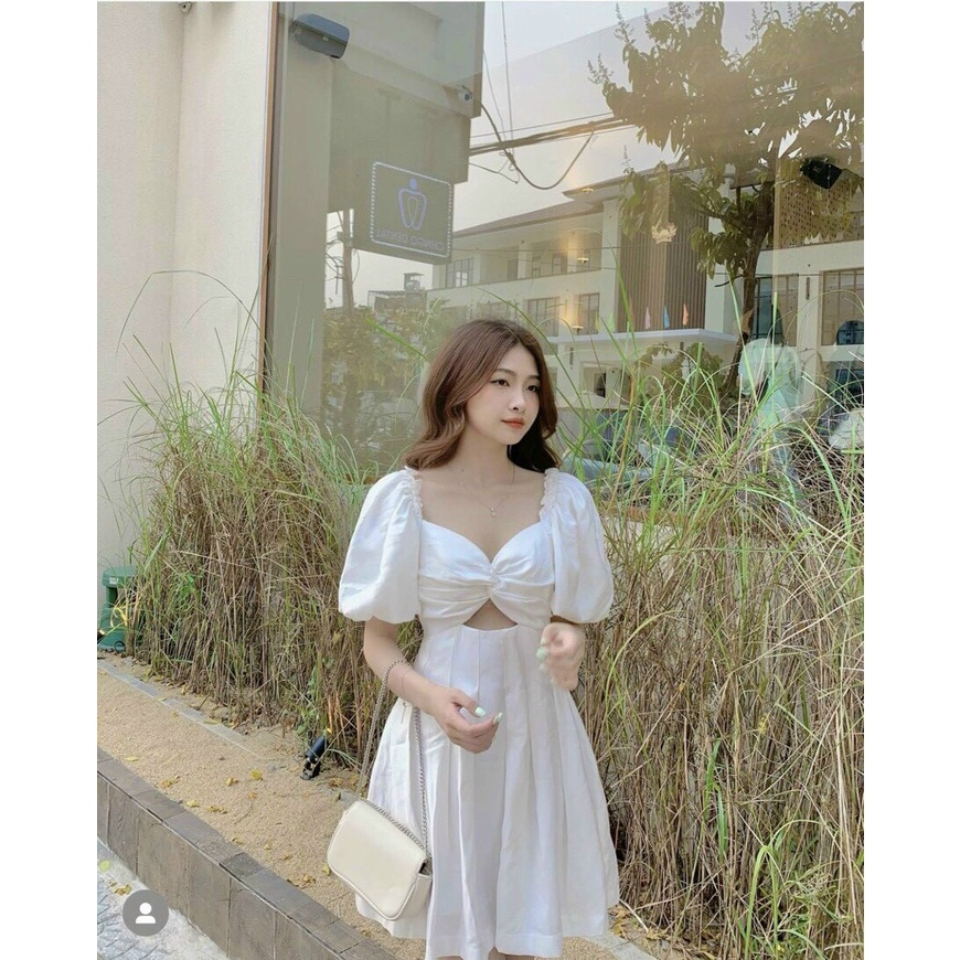 [ 8.8 Sales Freeship] Đầm trắng công chúa đi tiệc, đầm trắng tay phồng  khoét ngực dáng ngắn sexy, quyến rũ