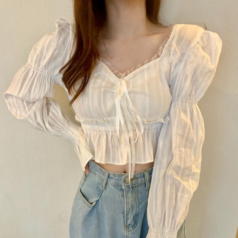 Áo IELGY cổ vuông tay dài phối dây cột ở eo độc đáo phong cách Pháp cho nữ