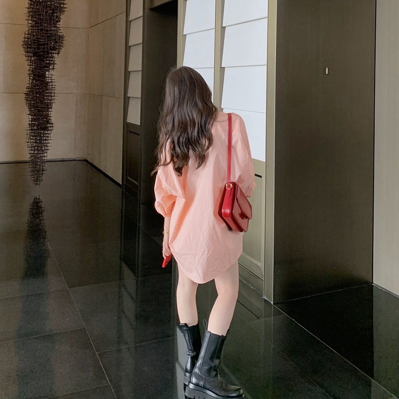 Áo sơ mi nữ dáng dài Sơ mi nữ form rộng dài tay Hàn Quốc giấu quần kẻ sọc dọc