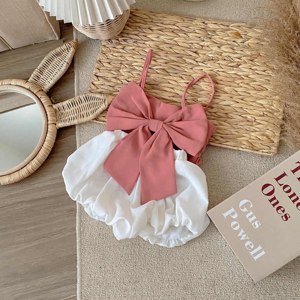 Set Bộ 2 Dây Nơ Ngực Xinh Xắn Phối Quần Bồng Chất Liệu Cát Hàn Cho Bé Gái