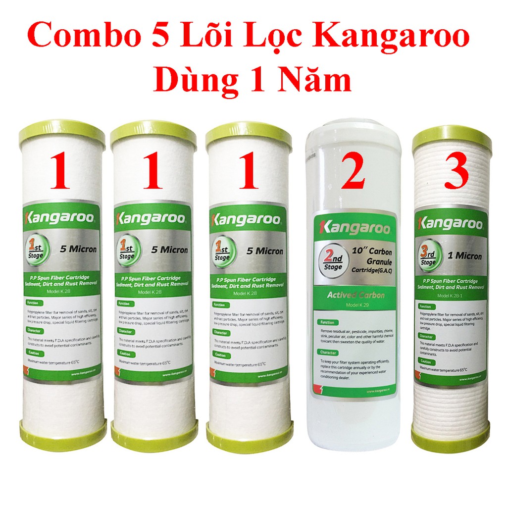 Combo 5 lõi lọc nước 11123 Kangaroo chính hãng lắp cho máy lọc nước Kangaroo, Karofi, Sunhouse, Tân Á, Aqua