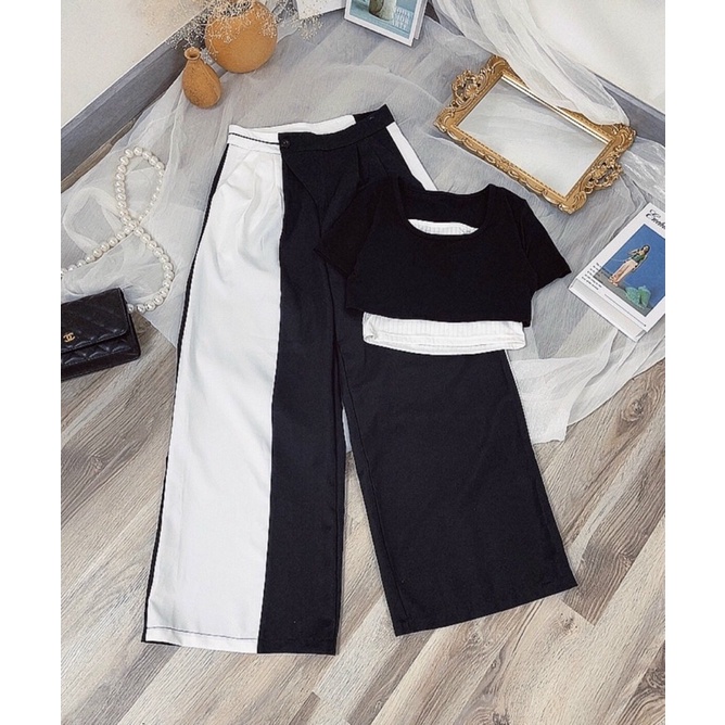 SÉT 3 MÓN QUẦN DUÔNG DÀI + ÁO CROP KIỂU