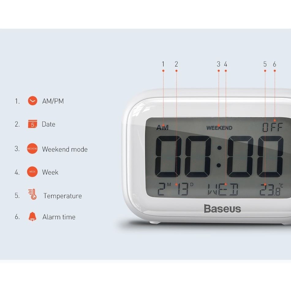 Đồng hồ BASEUS ACLK-A Subai. Báo thức, đo nhiệt độ... (Chính hãng - Bảo hành 03 tháng)(BM-01598)