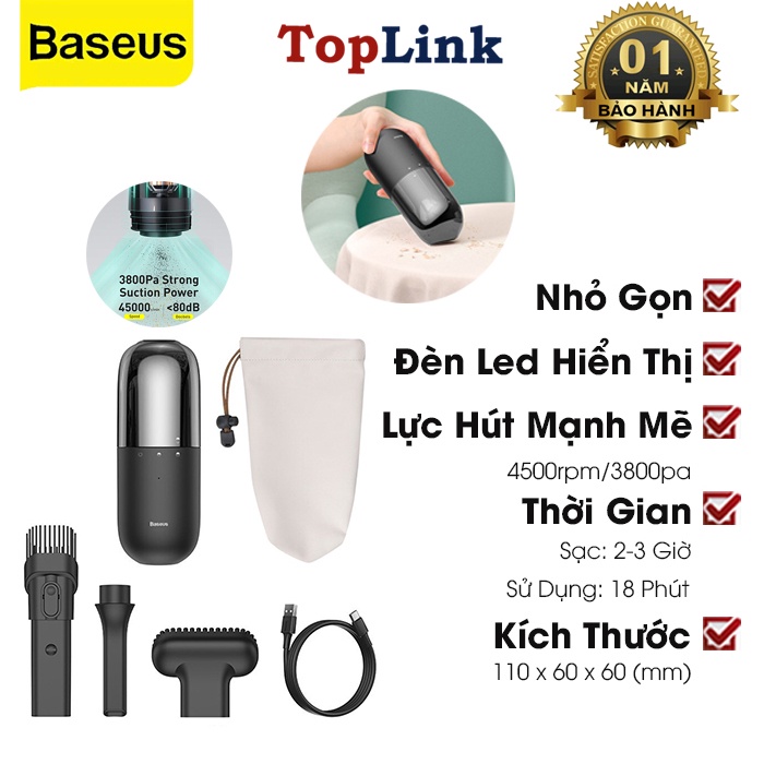 Máy Hút Bụi Mini Cầm Tay Baseus C1 Tích Điện Không Dây Dùng Cho Ô Tô Nhà Cửa Văn Phòng - TopLink