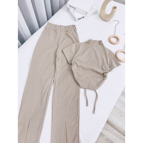 SET BỘ THUN GÂN HỞ LƯNG CỘT DÂY + QUẦN SUÔNG XẺ TÀ