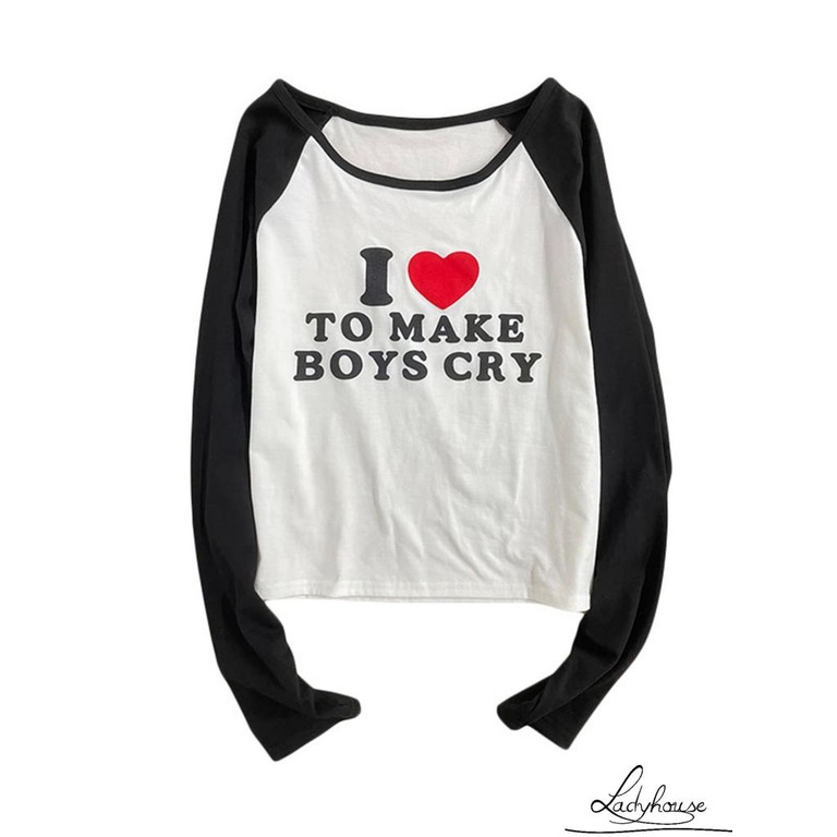 Áo Thun Raglan Tay Dài Cổ Tròn In Họa Tiết Trái Tim Và Chữ Dành Cho Nữ