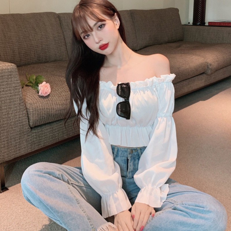 Áo Croptop Trễ Vai Tay Dài Thiết Kế Màu Trơn Thanh Lịch