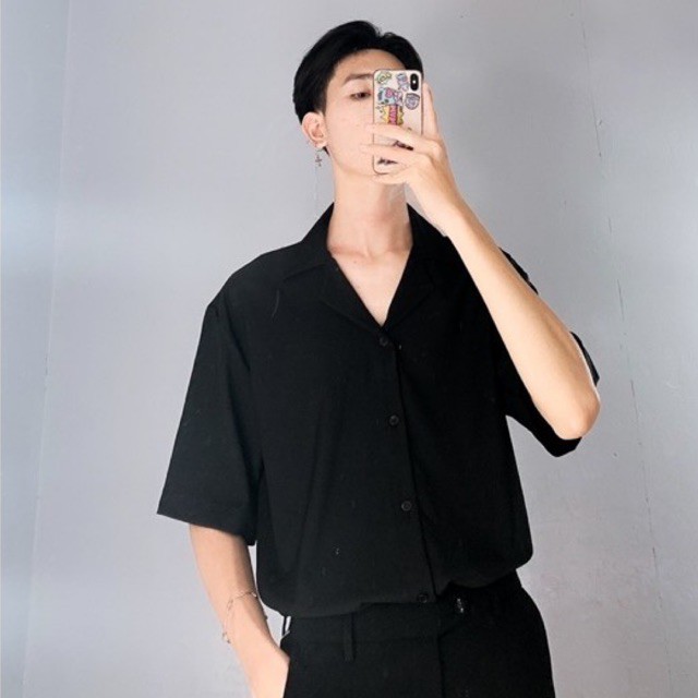 ÁO SƠMI LỤA ĐEN TRƠN CỔ VEST FORM UNISEX (có hình chụp thật) | BigBuy360 - bigbuy360.vn