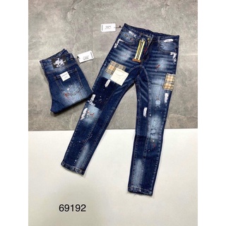 Quần bò nam Dsq vá trắng kẻ vàng , quần jean nam, quần bò khoá lệch - Bee Shop