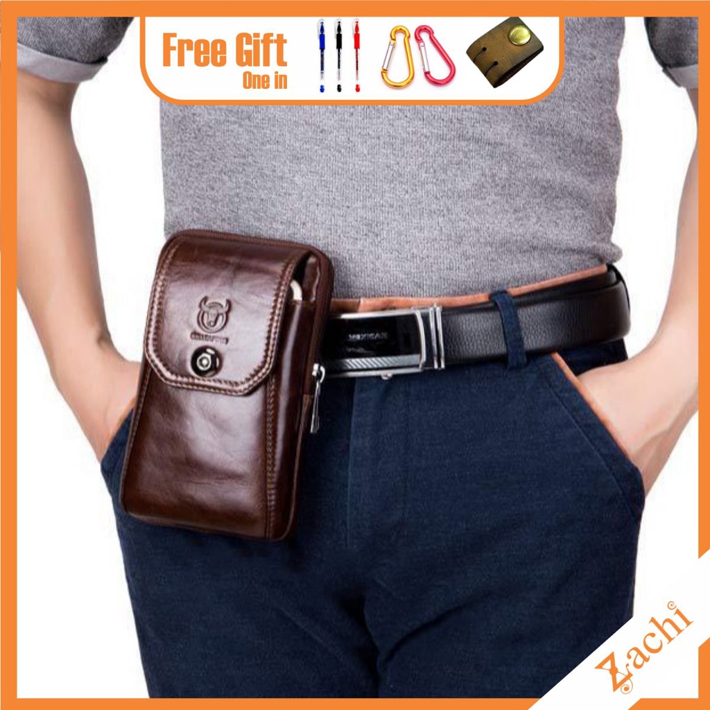 Túi đeo hông, túi đeo thắt lưng  đựng điện thoại DA BÒ THẬT Màu Nâu có dây để đeo chéo - Bullcaptain T15